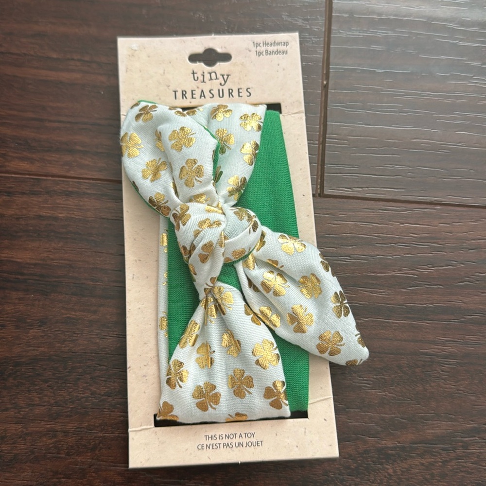 Tiny Treasures NWT St Patrick’s green gold and white shamrock headwrap headband‎